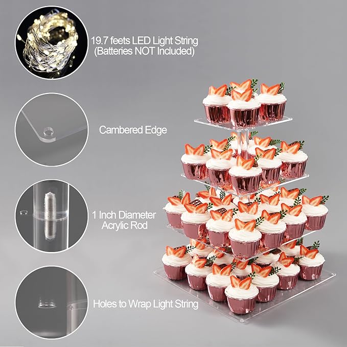 Cupcake Stand for 50 Cupcakes,4-Tier Acrylic Cupcake Tower Holder,Cupcake Holder,Dessert Stands with LED Light String for Cupcake Display,Wedding,Birthday,Baby Shower