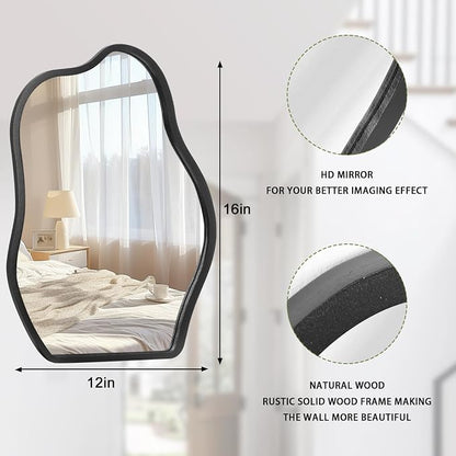 Irregular Asymmetrical Mirror Small Wooden Framed Wall Mirror Modern Cloud Hanging Artistic Mirror Decor for Bathroom Vanity Bedroom Living Room Entryway Hallway 16"x12"