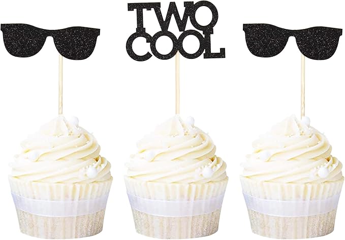 Ercadio 24 Pack Two Cool Glasses Cupcake Toppers Black Glitter 2nd Birthday Cupcake Picks Baby Shower Kids Second Birthday Party Cake Decorations