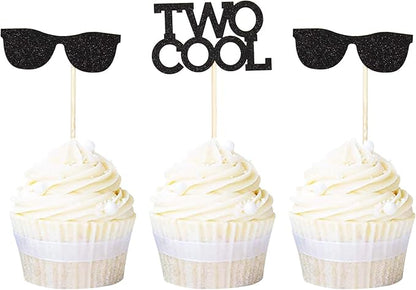 Ercadio 24 Pack Two Cool Glasses Cupcake Toppers Black Glitter 2nd Birthday Cupcake Picks Baby Shower Kids Second Birthday Party Cake Decorations