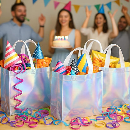 VGOODALL 15 PCS Reusable Gift Bags, 12.6" x 5" x 11" Iridescent Gift Bags, with Handles & Sturdy Base, for Wedding Party Supplies