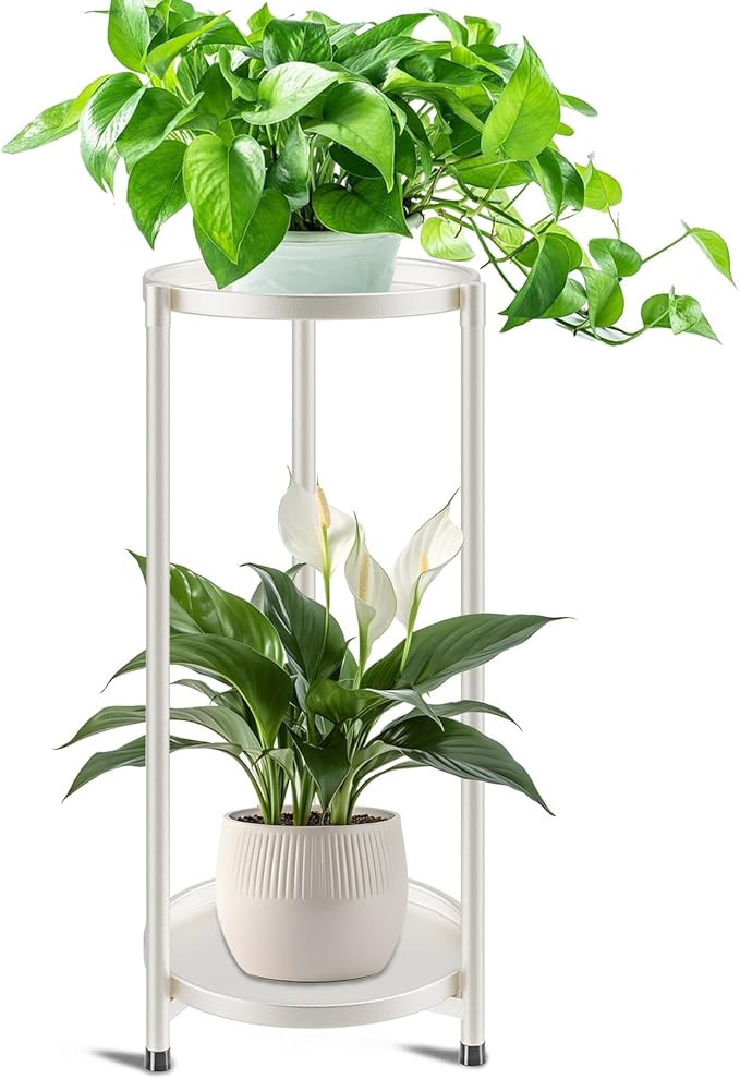 2 Tier Plant Stand Indoor Tall, White Corner Tiered Round Plant Stand for Indoor Multiple Plants, Metal Flower Pot Stands Outdoor Holders Plant Shelf Display Rack for Balcony Living Room
