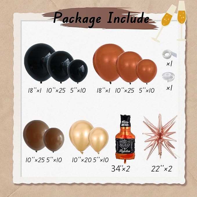 Whiskey Birthday Party Decorations for Men Aged to Perfection Party Supplies, 143Pcs Whiskey Balloon Arch Garland Kit Brown Coffee Black Gold Balloons for Vintage 30th 40th 50th Birthday Anniversary