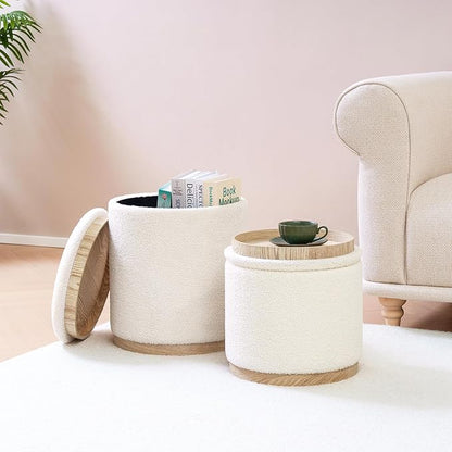 PINPLUS Round Ottoman with Storage Set of 2, Vanity Stool with Tray Storage