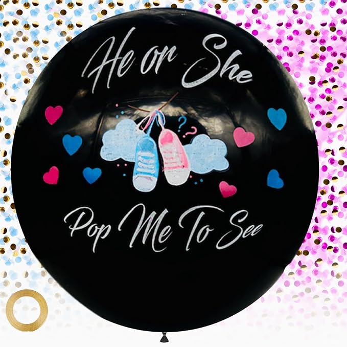Gender Reveal Confetti Balloon Set, He or She Pop Me to See, 2 Pieces, Pink and Blue Baby Shower Decorations