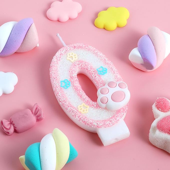 AKURIEEY Dog and Cat Birthday Candle Pink Numbers 0 Candle Paw Cake Topper Cupcake Decorations for Pet Theme Party Decor Anniversary Celebrations Supplies