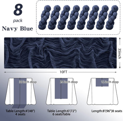8Pack Navy Blue Table Runner 10FT Cheesecloth Table Runner 35x120Inch Long Boho Cheese Cloth Table Runners Rustic Gauze Table Runners for Party Wedding Bridal Shower Baby Shower Decorations