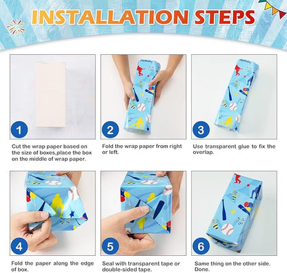 WERNNSAI Baseball Gift Wrapping Paper - 3 Rolls 17 in x 10 ft Boy Birthday Wrapping Paper Sports Wrapping Paper Roll for Kids Birthday Milky Blue Red Gift Wrapping Papers with Cut Lines