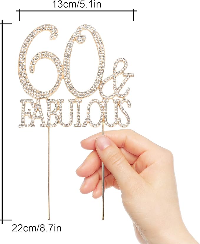 60 & Fabulous Cake Topper 60 Years Birthday Or 60th Wedding Anniversary Gold Crystal Rhinestone Party Decoration