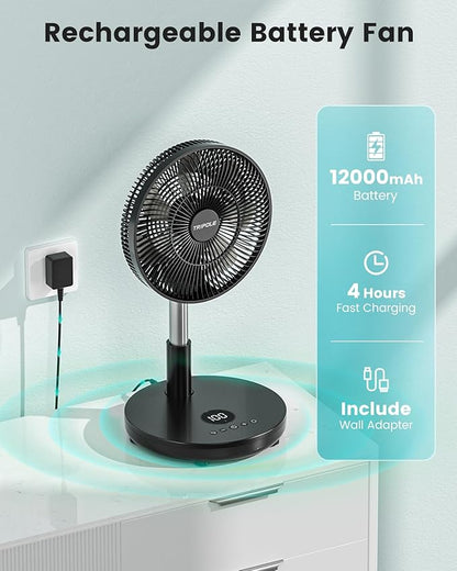 TriPole Foldable Standing Fan 12" Portable Rechargeable Battery Pedestal Fan with Remote, Timer Setting, Height Adjustable, for Home Office, 6 Speed, 12000mAh (Black)