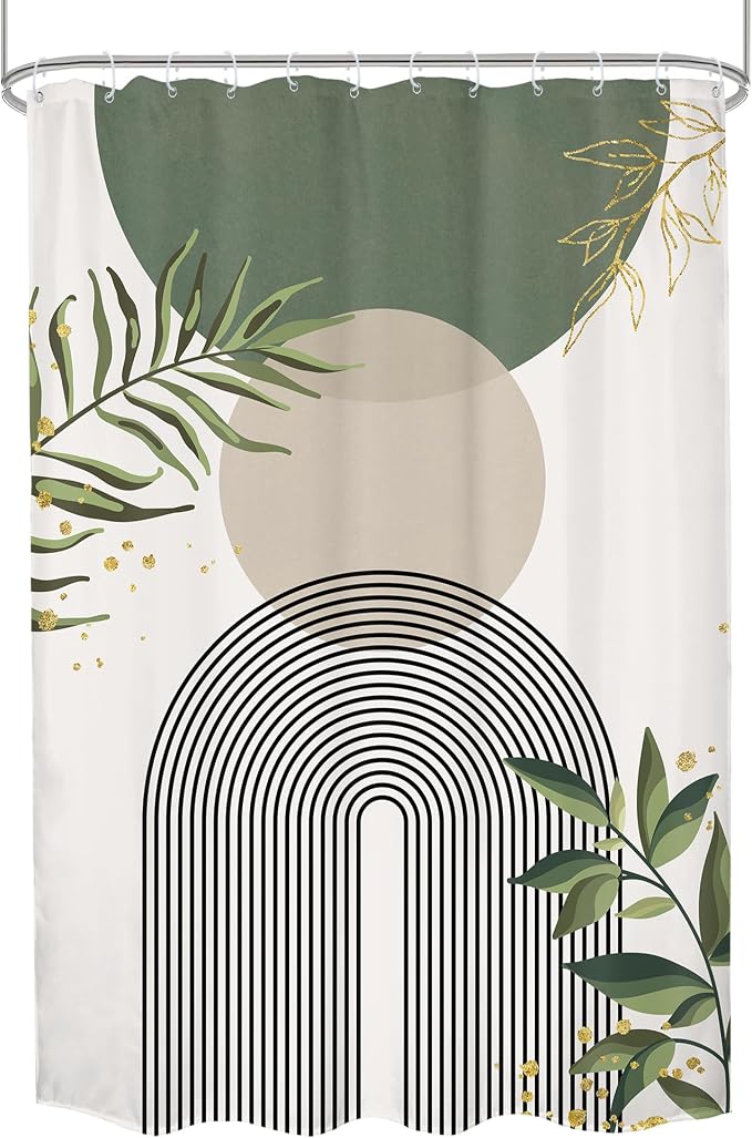 Small Stall Green Boho Shower Curtain 54Wx78H Rv Modern Bohemian Abstract Sage Green Gold Leaves Plant Minimalist Narrow Half Bathroom Decor Geometric Bath Curtain Fabric Polyester 12 Pack Hook
