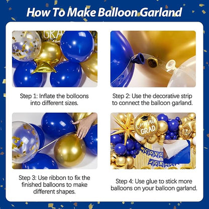Blue and Gold Graduation Decorations 2026 with Fringe Curtain Banner Metallic Gold Confetti Royal Blue White Balloons for Graduation Decorations 2026
