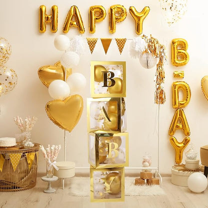 Voircoloria Baby Boxes with 42pcs Letters for Baby Shower Transparent Balloon Boxes Clear Balloon Box Blocks for Boy Girl Gender Reveal Party and Birthday Party (Gold)