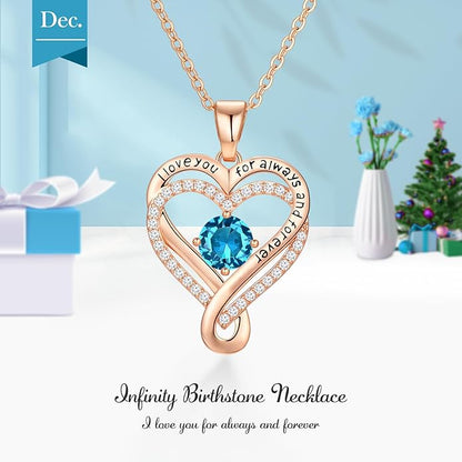 Infinity Love Heart Birthstone Necklace for Women Wife, S925 Sterling Silver Anniversary for Women Wife Birthday Gift for Her Girlfriend Mom Daughters, I Love You Women's Jewelry 18k Rose Gold Filled