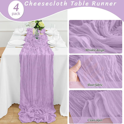 4Pack Lavender Table Runner 10FT Cheesecloth Table Runner 35x120Inch Long Boho Cheese Cloth Table Runners Rustic Gauze Table Runners for Party Wedding Bridal Shower Baby Shower Decorations