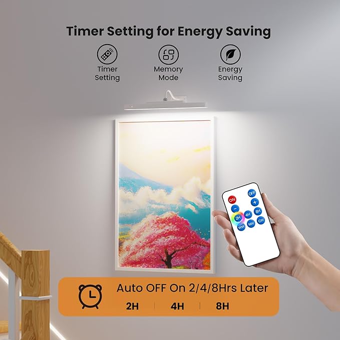 Rechargeable Picture Light for Wall Art White - 3 Color Temperatures,Remote Control & Adjustable Angle Wall Mount Battery Operated Wall Light for Paintings,Gallery,Frames,Photos (13H Runtime, 350LM)
