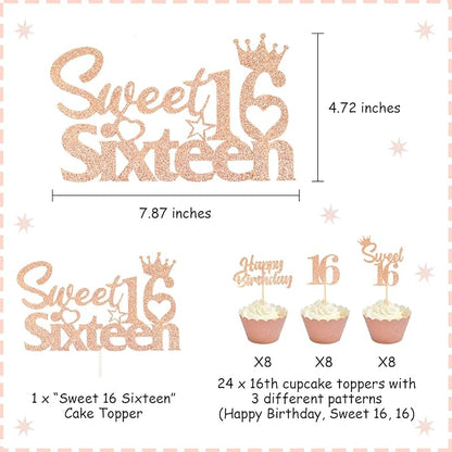 25 Pack 16th Birthday Cake Decorations, Sweet 16 Sixteen Cake Topper, Happy Birthday Sweet 16 Cupcake Toppers Rose Gold for Boys Girls Happy 16th Birthday Party Supplies…