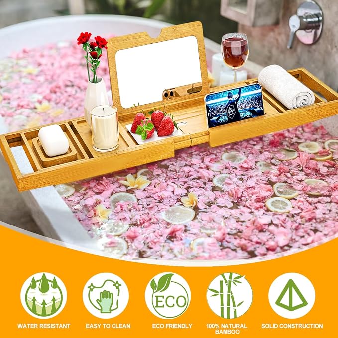 Premium Bathtub Tray Caddy with Makeup Mirror Bamboo - Bath Tray Expandable- Unique House Warming Gifts, New Home, Anniversary & Wedding Gifts for Couple, Bridal Shower Gift for Wome