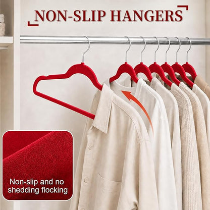 Velvet Hangers 50 Pack, Non Slip Clothes Hangers with Shoulder Notches, Slim Felt Hanger with 360° Swivel Hook, Space-Saving, for Coat, Shirt, Pants, Dress, Suits, Red