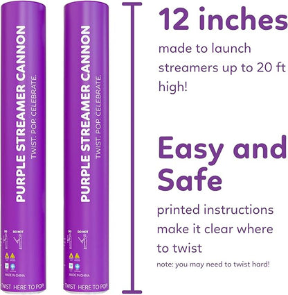2 Pack Streamer Cannon Confetti Poppers | Biodegradable Purple Confetti | TUR Party Supplies | Launches Up to 25ft | Giant (12 in) | Party Poppers for Graduation, Birthdays, Weddings, and Celebrations
