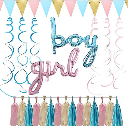 Gender Reveal Decorations Kit - Simple Boy or Girl Party Supplies with Foil Balloons, Tissue Paper Tassels, Pennant Banner & Hanging Swirls - Easy Setup Baby Shower Decor Set