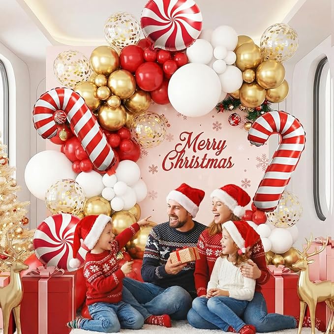 128PCS Christmas Balloon Arch Garland Kit - Red White Gold Balloons with Candy Cane Balloons for Merry Christmas Decorations, Winter Party Supplies, Xmas Balloon Arch