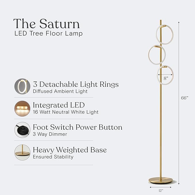 Brightech Saturn Floor Lamp, Great Living Room Decor, Tall Contemporary Standing Tree Light for Offices, Living Rooms, with 3 LED Heads for Bedroom Reading - Gold/Brass