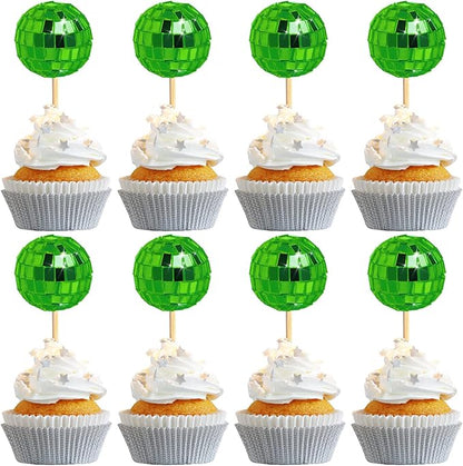 24 PCS Green Disco Ball Cupcake Toppers, Mini Disco Ball Cake Toppers Disco Theme Cake Decorations for St Patricks Day 70s Disco Party Summer Tea Party Decorations