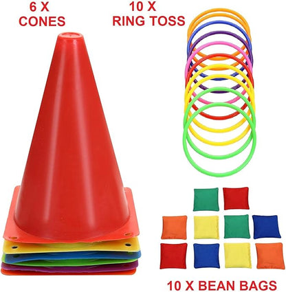 Win SPORTS 3 in 1 Carnival Outdoor Games Combo Set, Soft Plastic Cones Cornhole Bean Bags Ring Toss Games,for Kids Adults Indoor Outdoor Birthday Party Lawn Games Supplies (26 Pieces