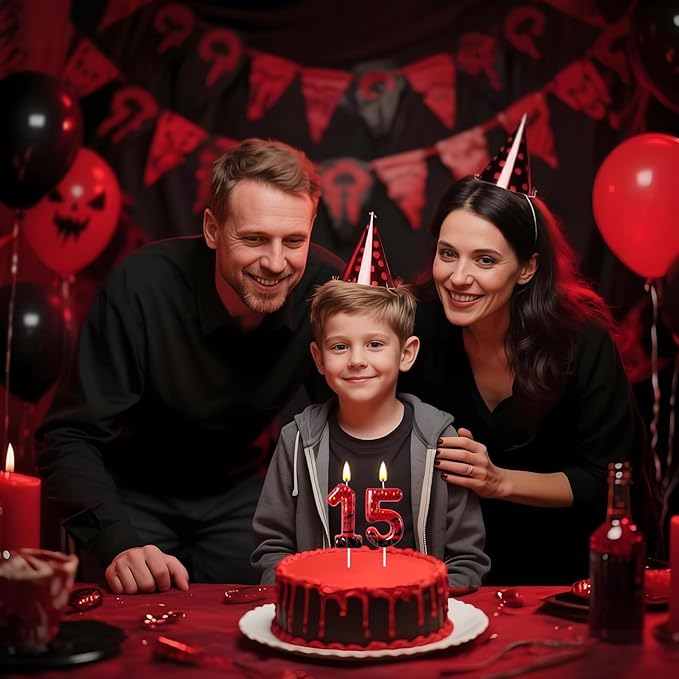 Red Number 15 Birthday Candle for Cake – Dark Horror Style with Alphabet Print & Shadow Design – Unique Cake Topper for Birthday, Anniversary, Themed Party Decoration