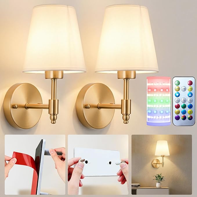 Nekhung Battery Operated Wall Sconces Set of Two, Wireless Battery Wall Light with 10000mAh RGB Dimmable Magnetic Bulb and Remote, Rechargeable Sconce Wall Decor for Bedroom Living Room Hallway