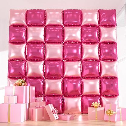 36pcs Hot Pink Square Foil Balloons Wall Backdrop, Double Sided Magenta Mylar Balloons Tunnel for Anniversary Bachelorette Wedding Proposal Birthday Valentines Day Pink Party Decorations