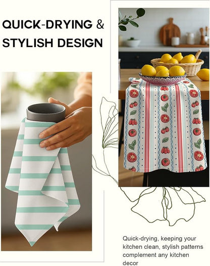Miss Adola 2 Pack Flour Sack Kitchen Towels - 16x26 Inch Cotton Dish Towels with Hanging Loop Reusable Geometric Boho Modern Retro Tea Towel Absorbent Dishcloths Home Decor, Stripe Fruit