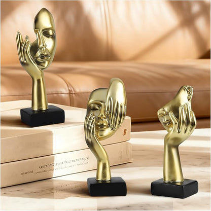 Modern Living Room Decoration - Gold Abstract Sculpture Decor For Shelves, Thinker Statues Set Of 3, Resin Face Knick Knacks Home Decor For Office Bookshelf, Shelf Side, Table, Gift For Friends