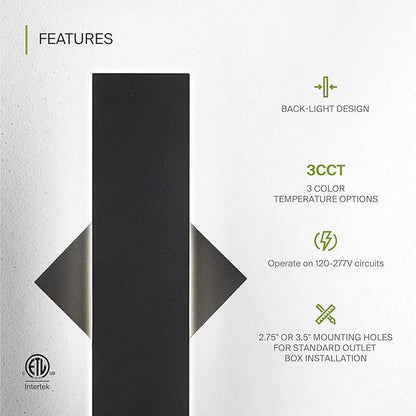 ASD LED 18" Long Wall Mount Light Fixture, Outdoor & Indoor Linear Sconce | 3CCT, Dimmable, Waterproof, Anti-Rust, ETL Listed | 18W 1200LM 3000-5000K 100-277V | Exterior Porch Lighting | Black, 2 Pack