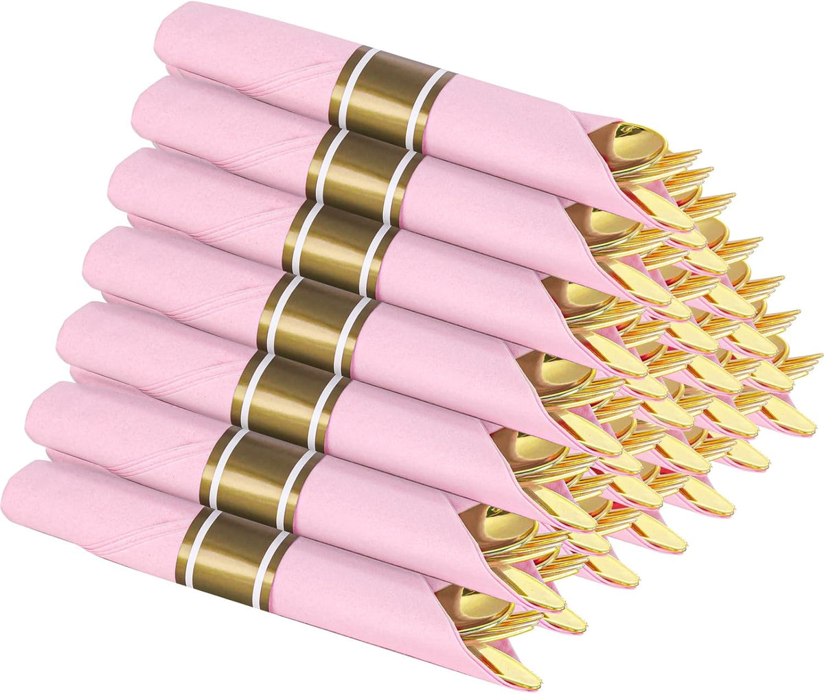 Supernal Gold Plastic Silverware Set with Pre Rolled Pink Napkin-Disposable Cutlery with Pink Linen Napkin Gold, Wrapped Plastic Silverware Heavy Duty Suit for Birthdays, Parties, Weddings 30Packs