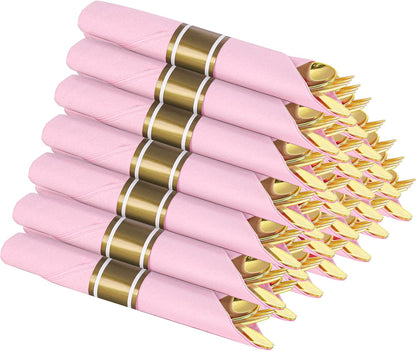 Supernal Gold Plastic Silverware Set with Pre Rolled Pink Napkin-Disposable Cutlery with Pink Linen Napkin Gold, Wrapped Plastic Silverware Heavy Duty Suit for Birthdays, Parties, Weddings 30Packs