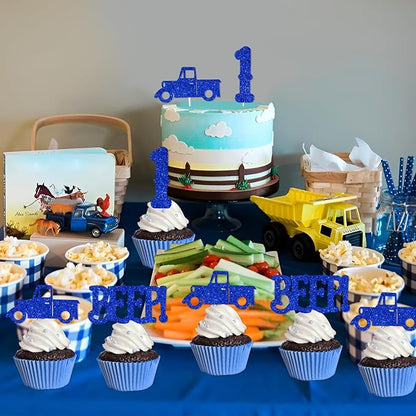 24Pcs Blue Truck 1st Birthday Cupcake Toppers Blue Truck Beep Beep Beep Cake Decorations for Boys and Girls Farm Themed 1st Birthday Party Decor Glitter Cake Decor Car Themed Party Supplies