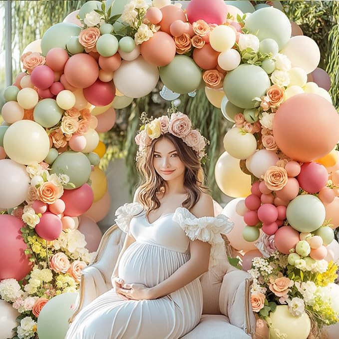 Pink And Green Balloons Arch Kit, Double Stuffed Pastel Balloons with Sage Green Pink Peach Light Yellow Ivory White Sand Color Balloon Garland for Bear Wildflower Birthday Wedding Party Decorations