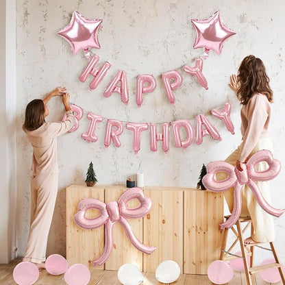 YTHETM Bow Party Decorations Pink Happy Birthday Balloons Banner Pink Birthday Decorations Bow Balloons for Women Girls Birthday Decor Party Supplies