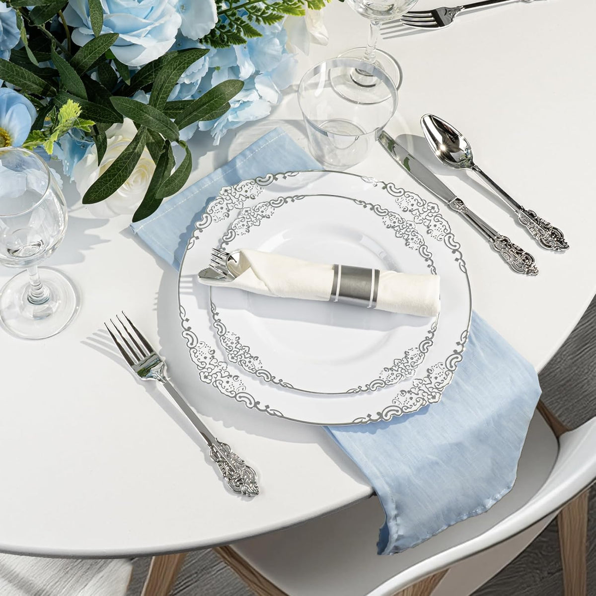 175PCS White and Silver Plastic Plates for 25 Guests, Disposable Dinnerware Sets Include 50 Plastic Plates, 25 Silverwares, 25 Cups, and 25 Pre Rolled Napkins for Party, Graduation