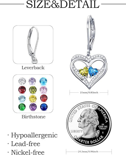 Valentines Day Gifts for Women, Heart Leverback Earrings Double Birthstone Dangle Earrings for Women, Love Jewelry for Her, Anniversary Birthday Gift for Mom Wife Girlfriend