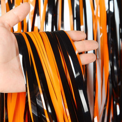 Melsan Halloween Decorations Tinsel Backdrop Foil Fringe Curtains, 3.2 ft x 8.2 ft Black Orange Metallic Foil Curtains for Halloween Party Photo Booth Props Decorations, 2 Pack