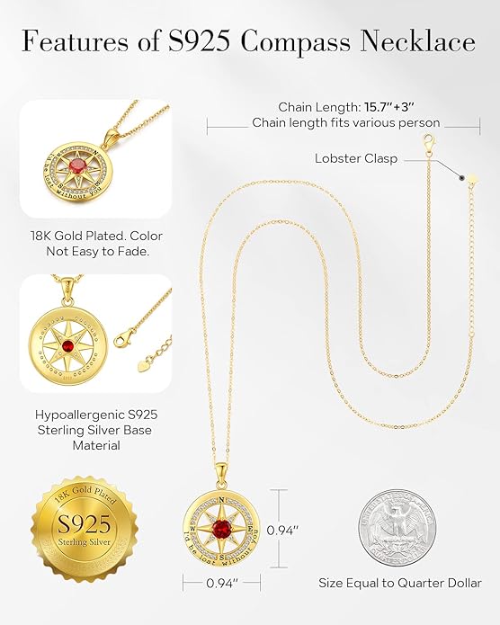 S925 Necklace Gift for Wife |Compass Jewelry |Women Anniversary |Sterling Silver |Girlfriend Birthday Gifts for Her Valentines |I'd be Lost without You |Jewel 18K Gold