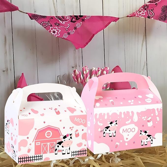 umoni Cow Party Favor Treat Boxes 12 Pack Pink Cow Gift Goodie Boxes for Girls Birthday, Farm Animal Theme, Barnyard Party Supplies