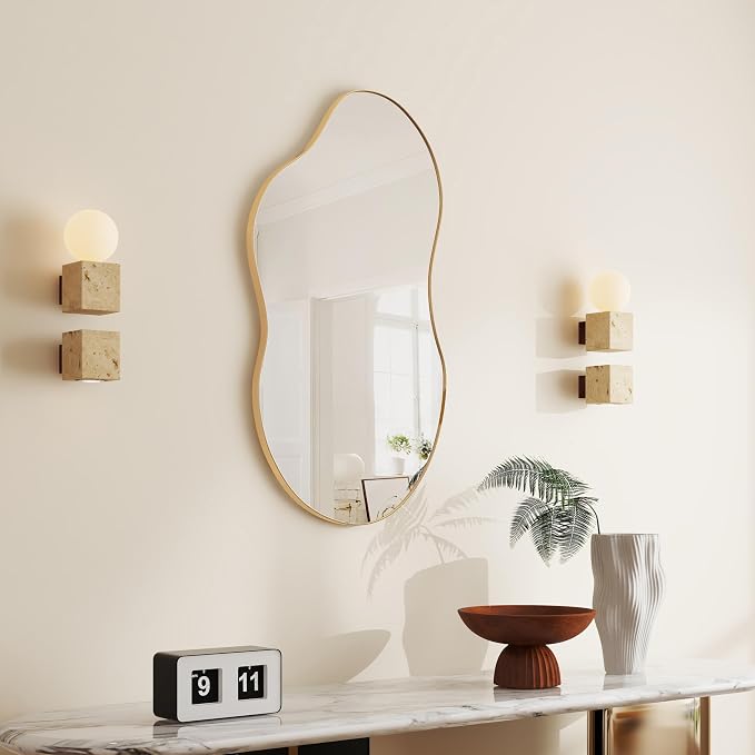 SHYFOY Irregular Wall Mirror Decorative, 20"x36" Antique-Gold Asymmetrical Mirror for Wall Decor Wavy Accent Mirrors for Living Room Bathroom Bedroom Entryway, Abstract Irregular Shape Curvy Mirror