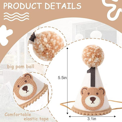 Bear 1st Birthday Party Decorations - Teddy Bear Crown Outfit, Woodland Camping Theme, Cone Hat