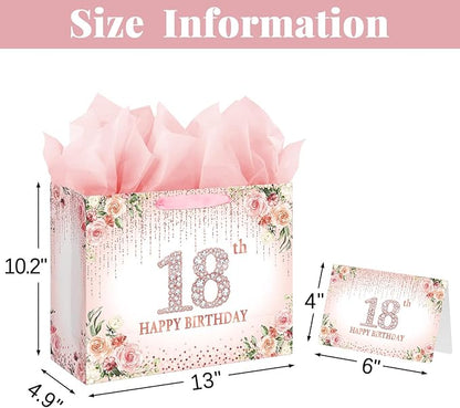 Laidans Sweet 18th Happy Birthday Gift Bag with Tissue Paper and Card for Girls Kids Party (Rose Gold) (18th)