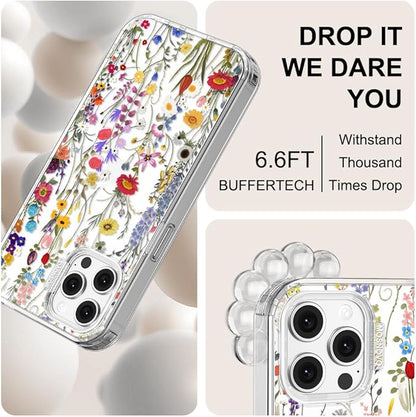 MOSNOVO Case for iPhone 12 & iPhone 12 Pro, [Buffertech 6.6ft Military-Grade Drop Protection] [Anti Peel Off Tech] Clear TPU Bumper Phone Case Cover Design - Wildflower Meadow