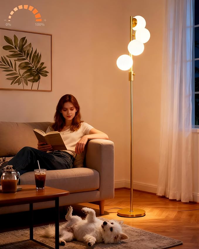 Gold Globe Floor Lamp Dimmable 64IN Tall Standing Lamps with Soft Warm White Eye Care 3000K G9 Bulbs, Mid Century Modern Floor Lamp with 5Lbs Heavy Base for Living Room Bedroom